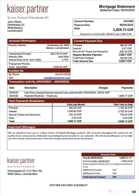 Download Liechtenstein Kaiser Partner Privatbank mortgage statement Word and PDF template Photoshop template